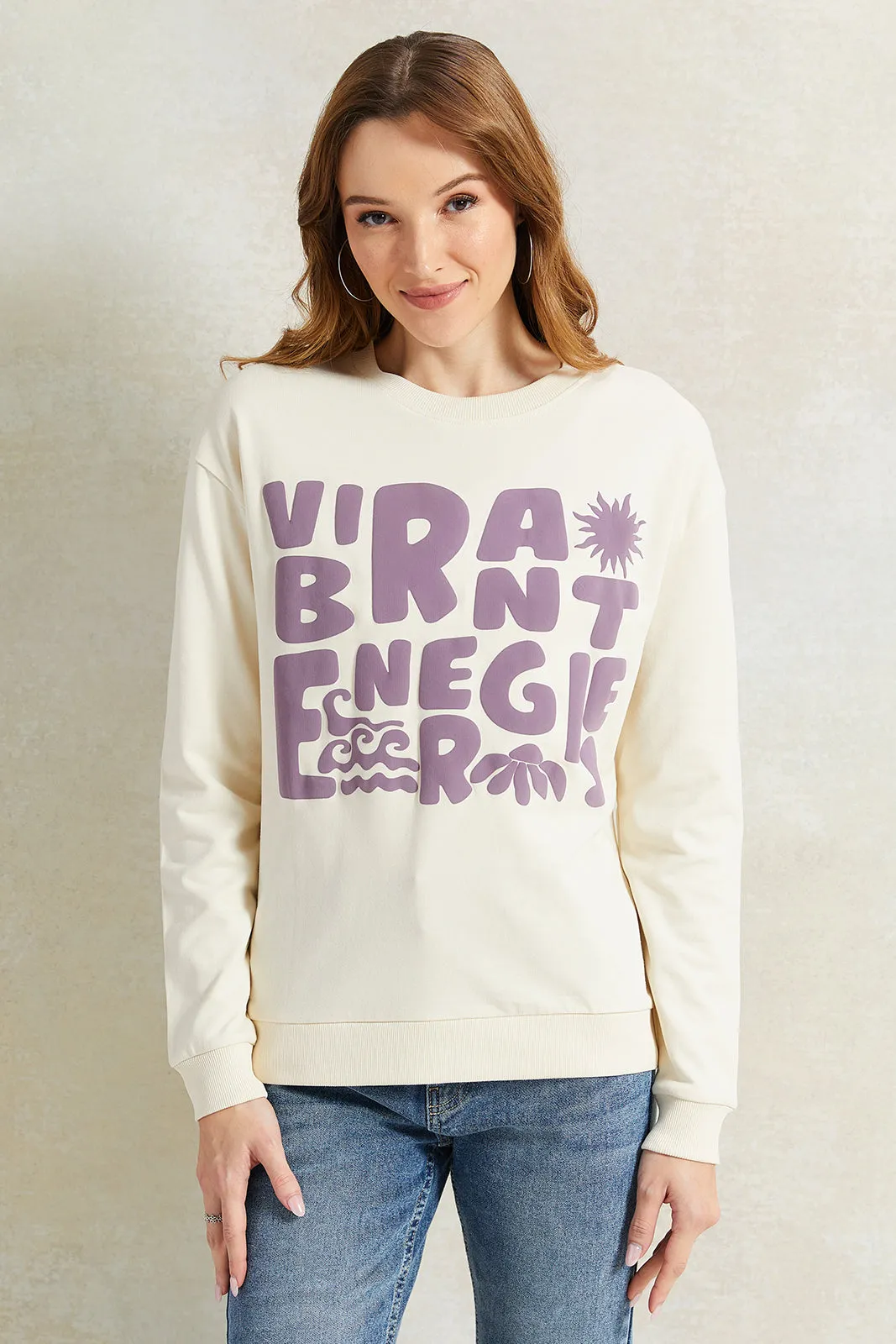 Women Cream Printed Sweatshirt