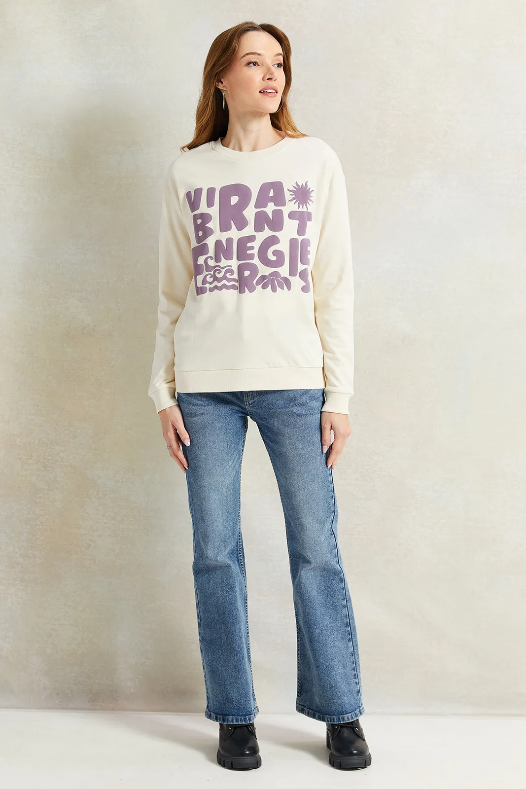 Women Cream Printed Sweatshirt