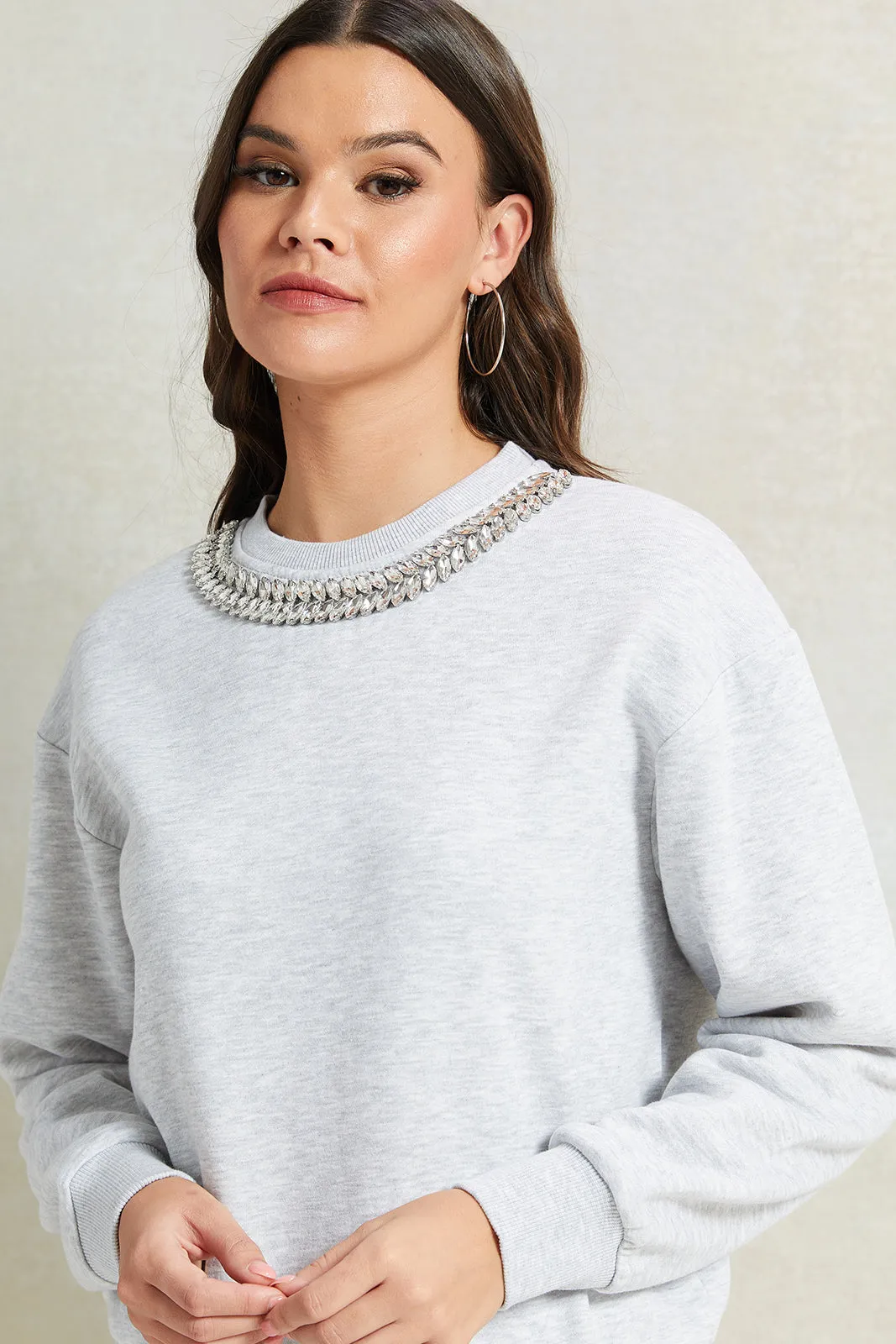 Women Grey Embellished Neck Sweatshirt