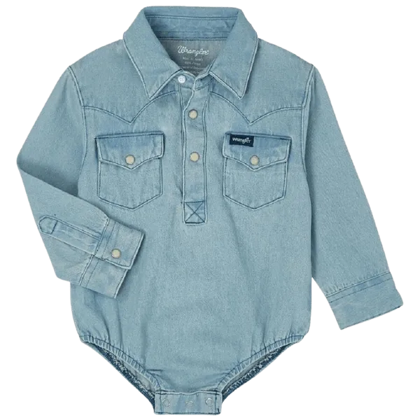 Wrangler Baby Boy's Faded Blue Denim Long Sleeve Western Snap Onesie 10PQ1371D