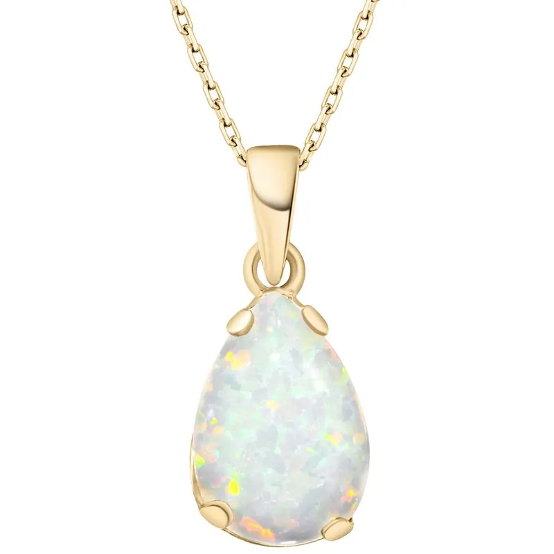 Yellow Gold Plated Teardrop White Opal 7X10mm Pendant